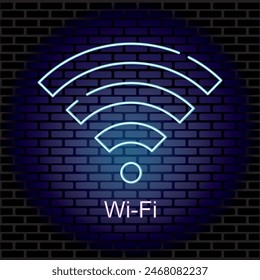  Wi-Fi light and wireless network concept. Illuminated signal, Wi-Fi sensor, waves, wireless internet connection. Wireless digital radar or sonar with luminous light effect. Vector.On a brick backgrou