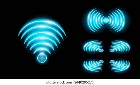 Wi-Fi light and wireless networking collection. Glowing blue signal wifi sensor waves internet wireless concept. Wireless wi fi technology digital radar or sonar with glowing light effect. Vector.