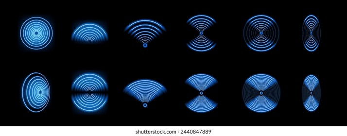 Wi-Fi light and wireless networking with a wave effect collection. Glowing blue signal wifi, sensor, radar, RFID and round circle waves wireless technology concept. Vector.