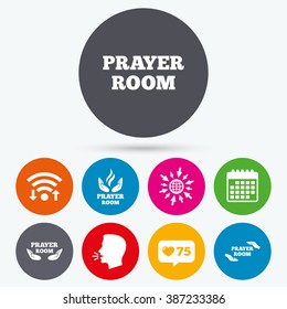 Wifi, like counter and calendar icons. Prayer room icons. Religion priest faith symbols. Pray with hands. Human talk, go to web.