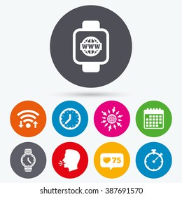 Wifi, like counter and calendar icons. Smart watch with internet icons. Mechanical clock time, Stopwatch timer symbols. Wrist digital watch sign. Human talk, go to web.
