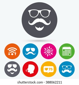 Wifi, like counter and calendar icons. Mustache and Glasses icons. Hipster with beard symbols. Facial hair signs. Human talk, go to web.