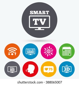 Wifi, like counter and calendar icons. Smart TV mode icon. Widescreen symbol. Full hd 1080p resolution. 3D Television sign. Human talk, go to web.