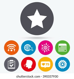 Wifi, like counter and calendar icons. Star favorite and globe with mouse cursor icons. Checklist and cogwheel gear sign symbols. Human talk, go to web.