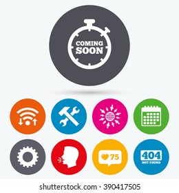 Wifi, like counter and calendar icons. Coming soon icon. Repair service tool and gear symbols. Hammer with wrench signs. 404 Not found. Human talk, go to web.