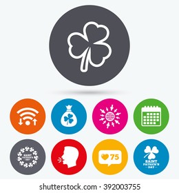 Wifi, like counter and calendar icons. Saint Patrick day icons. Money bag with clover sign. Wreath of trefoil shamrock clovers. Symbol of good luck. Human talk, go to web.