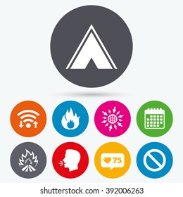 Wifi, like counter and calendar icons. Tourist camping tent icon. Fire flame and stop prohibition sign symbols. Human talk, go to web.