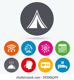 Wifi, like counter and calendar icons. Hot food, sleep, camping tent and fire icons. Hotel or bed and breakfast. Road signs. Human talk, go to web.