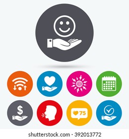 Wifi, like counter and calendar icons. Smile and hand icon. Heart and Tick or Check symbol. Palm holds Dollar currency sign. Human talk, go to web.