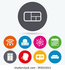 Wifi, like counter and calendar icons. Furniture icons. Sofa, cupboard, and book shelf signs. Modern armchair symbol. Human talk, go to web.