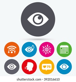 Wifi, like counter and calendar icons. Eye icons. Water drops in the eye symbols. Red eye effect signs. Human talk, go to web.