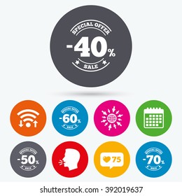 Wifi, like counter and calendar icons. Sale discount icons. Special offer stamp price signs. 40, 50, 60 and 70 percent off reduction symbols. Human talk, go to web.