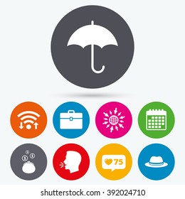 Wifi, like counter and calendar icons. Clothing accessories icons. Umbrella and headdress hat signs. Wallet with cash coins, business case symbols. Human talk, go to web.