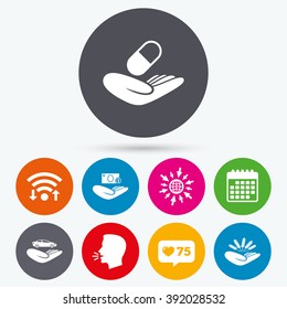 Wifi, like counter and calendar icons. Helping hands icons. Protection and insurance symbols. Save money, car and health medical insurance. Agriculture wheat sign. Human talk, go to web.