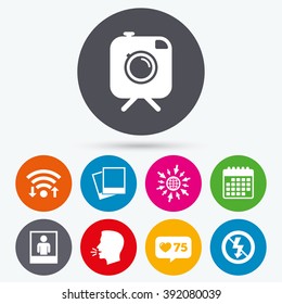 Wifi, like counter and calendar icons. Hipster retro photo camera with mustache icon. No flash light symbol. Human selfie portrait photo frame. Human talk, go to web.