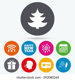 Wifi, like counter and calendar icons. Happy new year icon. Christmas tree and gift box signs. Fireworks rocket symbol. Human talk, go to web.