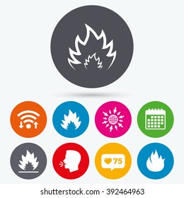 Wifi, like counter and calendar icons. Fire flame icons. Heat symbols. Inflammable signs. Human talk, go to web.