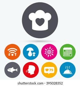 Wifi, like counter and calendar icons. Chief hat with heart and cooking pan icons. Fish and boletus mushrooms signs. Hot food platter serving symbol. Human talk, go to web.