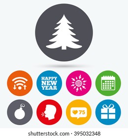 Wifi, like counter and calendar icons. Happy new year icon. Christmas tree and gift box sign symbols. Human talk, go to web.