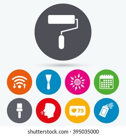 Wifi, like counter and calendar icons. Paint roller, brush icons. Spray can and Spatula signs. Wall repair tool and painting symbol. Human talk, go to web.