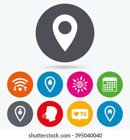 Wifi, like counter and calendar icons. Map pointer icons. Home, food and user location symbols. Restaurant and cupcake signs. You are here. Human talk, go to web.
