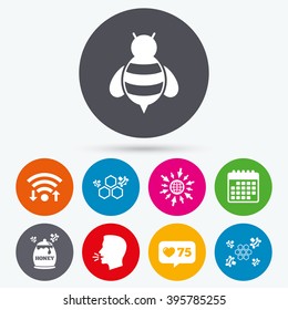 Wifi, like counter and calendar icons. Honey icon. Honeycomb cells with bees symbol. Sweet natural food signs. Human talk, go to web.