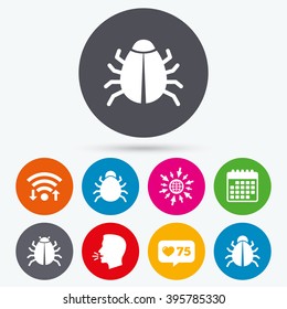 Wifi, like counter and calendar icons. Bugs vaccination icons. Virus software error sign symbols. Human talk, go to web.