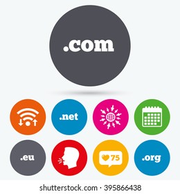 Wifi, like counter and calendar icons. Top-level internet domain icons. Com, Eu, Net and Org symbols. Unique DNS names. Human talk, go to web.