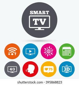 Wifi, like counter and calendar icons. Smart TV mode icon. Aspect ratio 4:3 widescreen symbol. 3D Television sign. Human talk, go to web.