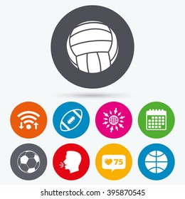 Wifi, like counter and calendar icons. Sport balls icons. Volleyball, Basketball, Soccer and American football signs. Team sport games. Human talk, go to web.