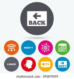 Wifi, like counter and calendar icons. Back and next navigation signs. Arrow direction icons. Human talk, go to web.