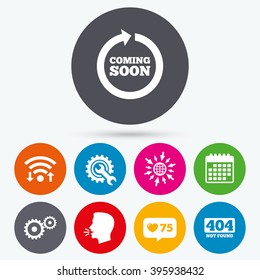 Wifi, like counter and calendar icons. Coming soon rotate arrow icon. Repair service tool and gear symbols. Wrench sign. 404 Not found. Human talk, go to web.