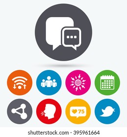 Wifi, like counter and calendar icons. Social media icons. Chat speech bubble and Bird chick symbols. Human group sign. Human talk, go to web.
