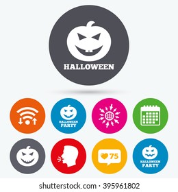 Wifi, like counter and calendar icons. Halloween pumpkin icons. Halloween party sign symbol. All Hallows Day celebration. Human talk, go to web.