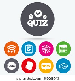 Wifi, like counter and calendar icons. Quiz icons. Human brain think. Checklist symbol. Survey poll or questionnaire feedback form. Questions and answers game sign. Human talk, go to web.