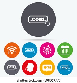 Wifi, like counter and calendar icons. Top-level internet domain icons. Com, Eu, Net and Org symbols with hand pointer. Unique DNS names. Human talk, go to web.