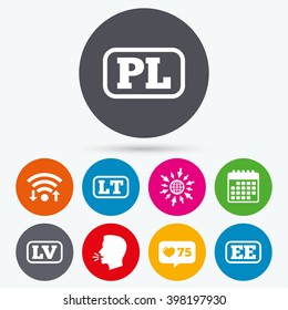 Wifi, like counter and calendar icons. Language icons. PL, LV, LT and EE translation symbols. Poland, Latvia, Lithuania and Estonia languages. Human talk, go to web.