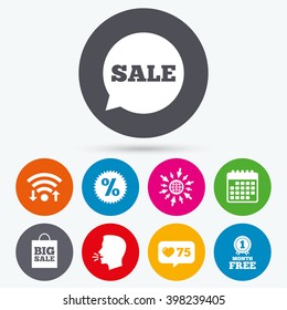 Wifi, like counter and calendar icons. Sale speech bubble icon. Discount star symbol. Big sale shopping bag sign. First month free medal. Human talk, go to web.