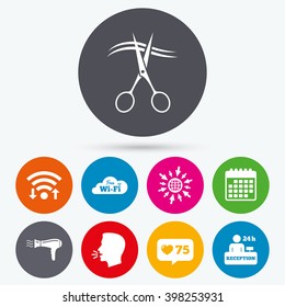 Wifi, like counter and calendar icons. Hotel services icons. Wi-fi, Hairdryer in room signs. Wireless Network. Hairdresser or barbershop symbol. Reception registration table. Human talk, go to web.