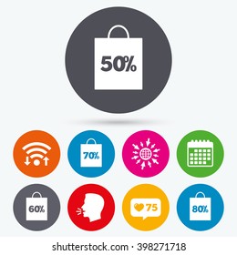 Wifi, like counter and calendar icons. Sale bag tag icons. Discount special offer symbols. 50%, 60%, 70% and 80% percent discount signs. Human talk, go to web.