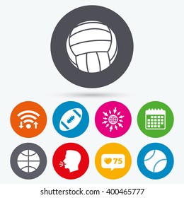 Wifi, like counter and calendar icons. Sport balls icons. Volleyball, Basketball, Baseball and American football signs. Team sport games. Human talk, go to web.