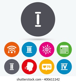 Wifi, like counter and calendar icons. Roman numeral icons. 1, 2, 3 and 4 digit characters. Ancient Rome numeric system. Human talk, go to web.