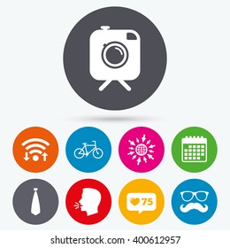 Wifi, like counter and calendar icons. Hipster photo camera with mustache icon. Glasses and tie symbols. Bicycle family vehicle sign. Human talk, go to web.