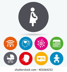 Wifi, like counter and calendar icons. Maternity icons. Baby infant, pregnancy and buggy signs. Baby carriage pram stroller symbols. Head with heart. Human talk, go to web.