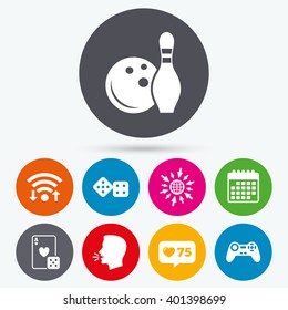 Wifi, like counter and calendar icons. Bowling and Casino icons. Video game joystick and playing card with dice symbols. Entertainment signs. Human talk, go to web.