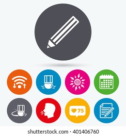 Wifi, like counter and calendar icons. Pencil icon. Edit document file. Eraser sign. Correct drawing symbol. Human talk, go to web.