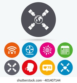 Wifi, like counter and calendar icons. Teamwork icons. Helping Hands with globe and heart symbols. Group of employees working together. Human talk, go to web.