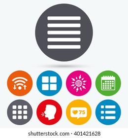 Wifi, like counter and calendar icons. List menu icons. Content view options symbols. Thumbnails grid or Gallery view. Human talk, go to web.