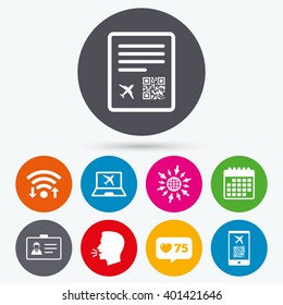 Wifi, like counter and calendar icons. QR scan code in smartphone icon. Boarding pass flight sign. Identity ID card badge symbol. Human talk, go to web.