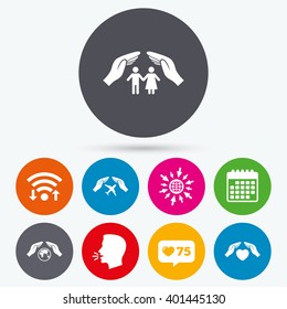 Wifi, like counter and calendar icons. Hands insurance icons. Human life insurance symbols. Heart health sign. Travel flight symbol. Save world planet. Human talk, go to web.